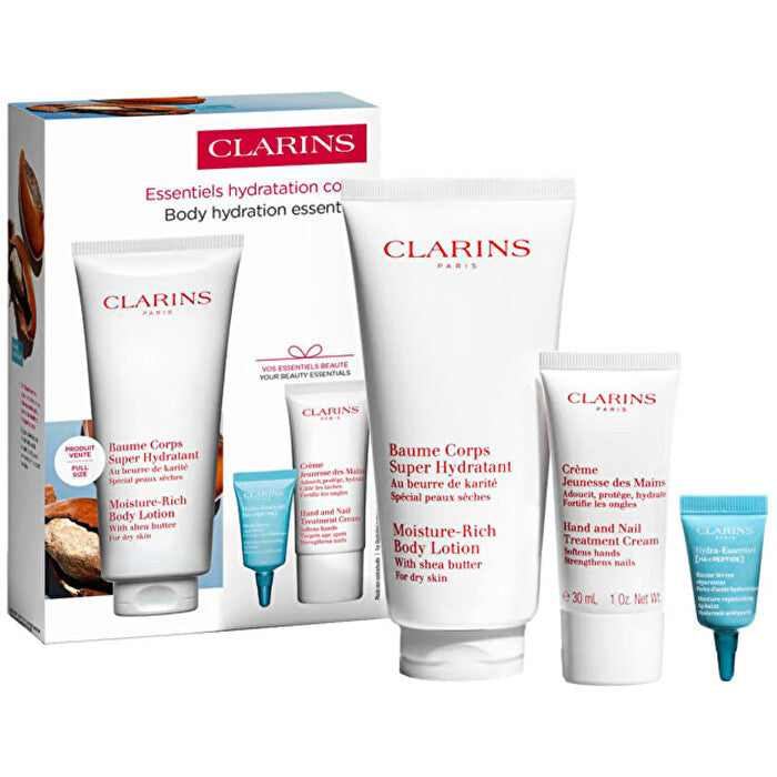 Clarins Perfect Hydration Body Set: Super Hydrating Body Balm 200ml+Youthful Hand Cream 30ml+Hydra Essentiel Reparing Lip Balm 3ml 3pcs