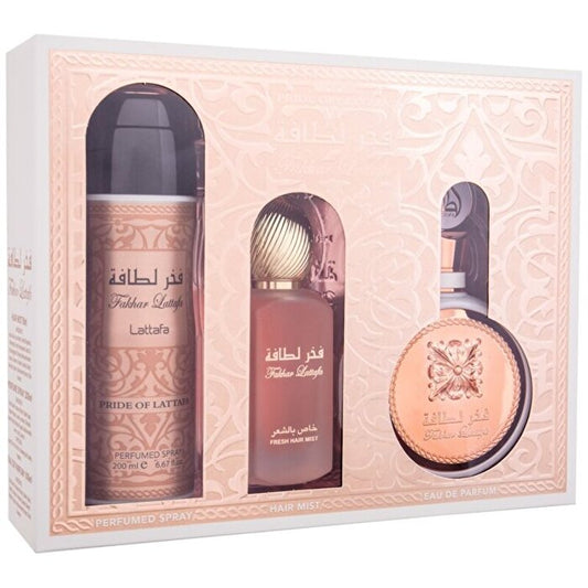 Lattafa Perfumes Fakhar Rose Dárková Sada Eau De Parfum 100ml Deospray 200ml A Vlasová Mlha 50ml 100ml